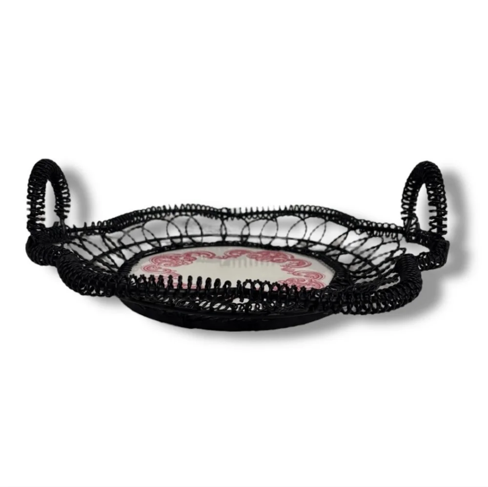 VINTAGE Black Coiled Wire Basket Ivory Ceramic Base Red Scrollwork Design
